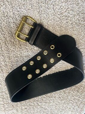 WCM New York Black 3” Wide Leather Brass Buckle Belt Sz M
